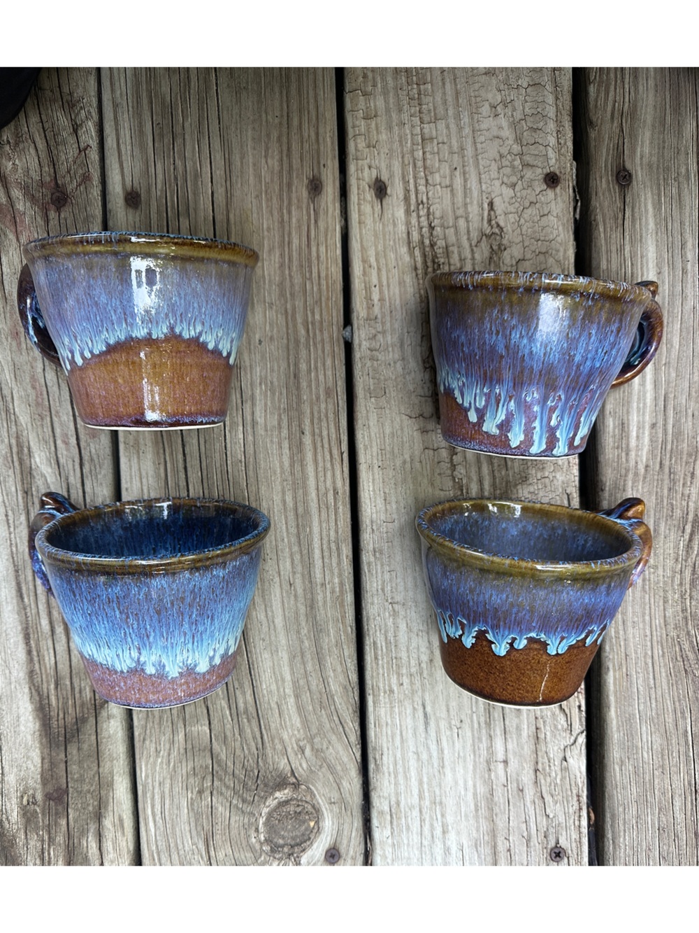 Set of 4 Handmade Ceramic Mugs with brown and blue glaze drip effect - Picture 4 of 7
